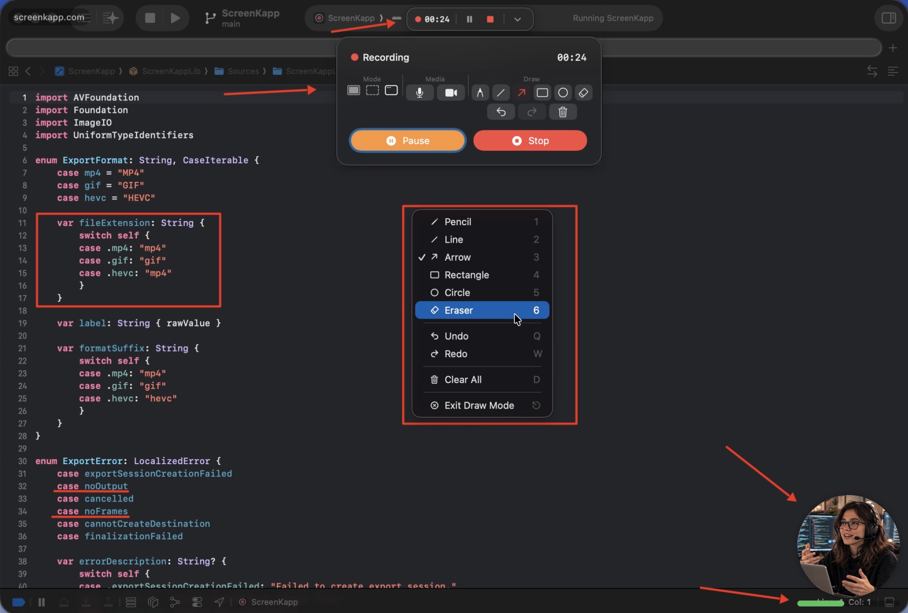 ScreenKapp — screen recording panel with drawing tools and camera overlay
